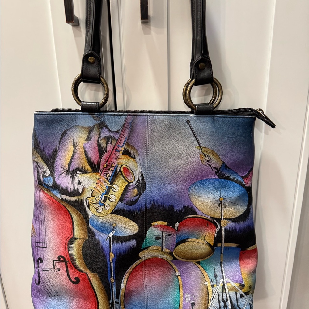 Anuschka Leather Handbag Shoulder Bag Music Instruments Floral Hand Painted Rare